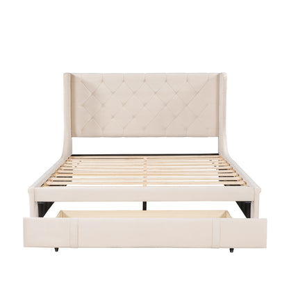 Queen Size Storage Bed Velvet Upholstered Platform Bed with Wingback Headboard and a Big Drawer (Beige)