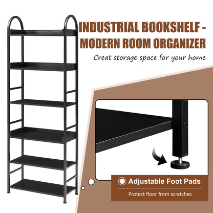 70.8 Inch Tall Bookshelf, 6-tier Shelves with Round Top Frame, MDF Boards, Adjustable Foot Pads, Black