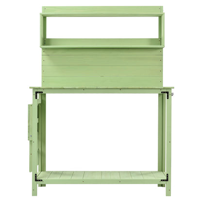 TOPMAX 65inch Garden Wood Workstation Backyard Potting Bench Table with Shelves, Side Hook and Foldable Side Table,Green