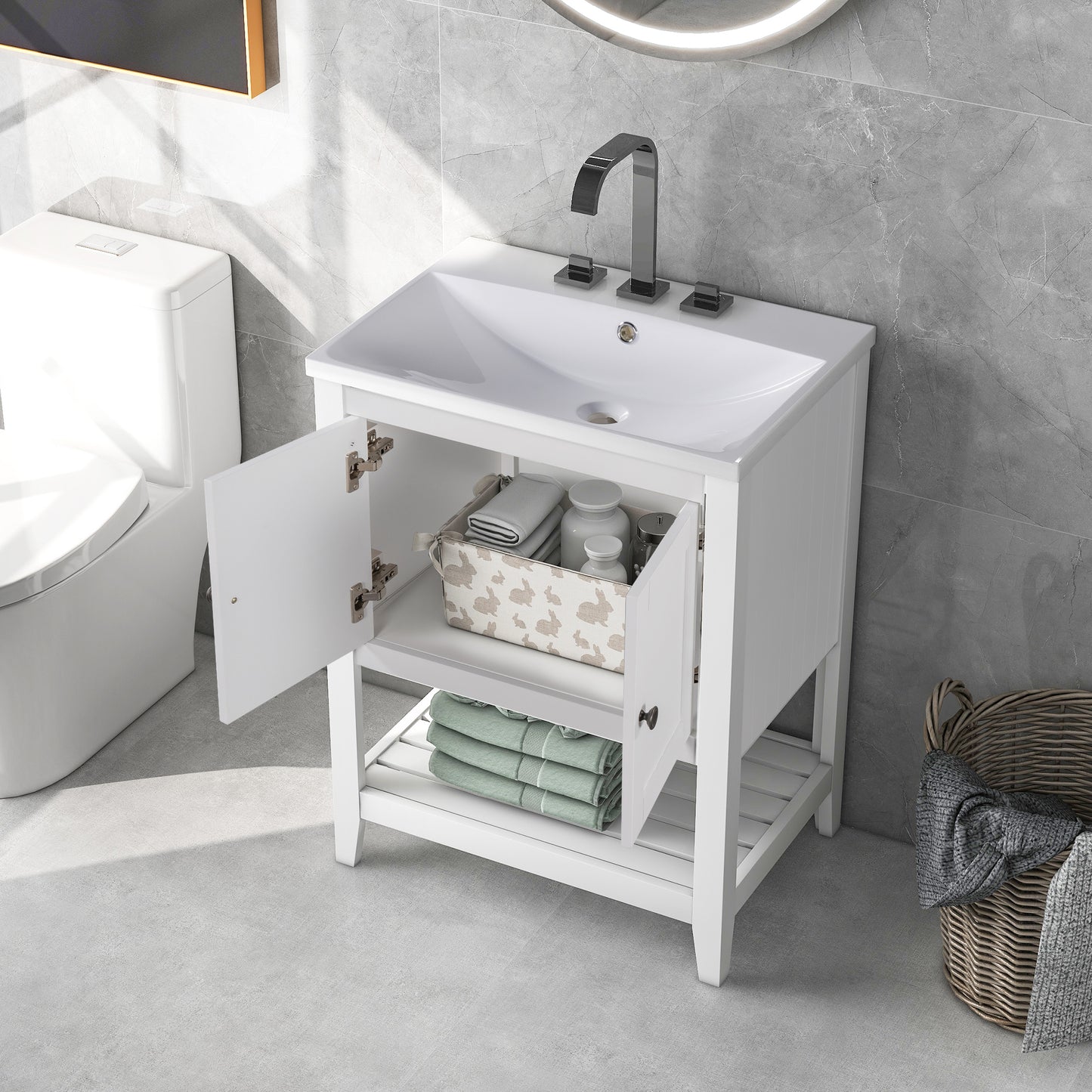 [VIDEO] 24" White Modern Sleek Bathroom Vanity Elegant Ceramic Sink with Solid Wood Frame Open Style Shelf (OLD SKU: JL000001AAK)