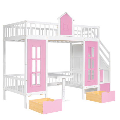 Twin-Over-Twin Bunk Bed with Changeable Table , Bunk Bed  Turn into Upper Bed and Down Desk with 2 Drawers - Pink