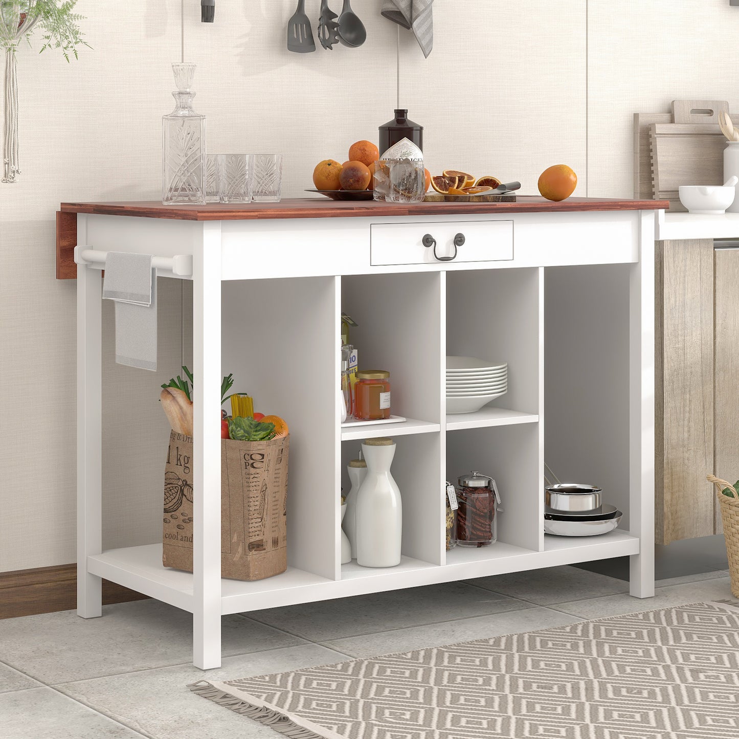 TOPMAX Farmhouse Stationary Wood Dining Table Drop Leaf Kitchen Island with Storage Shelves, Dark Walnut+White