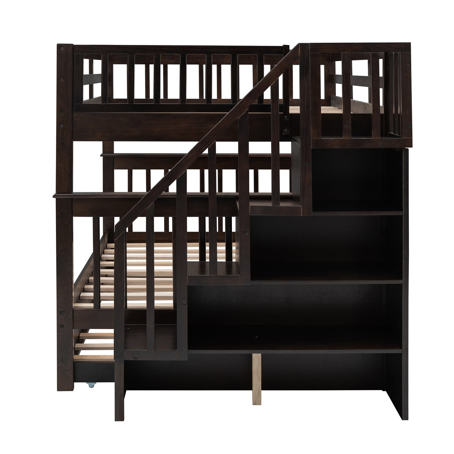 Stairway Full-Over-Full Bunk Bed with Twin size Trundle, Storage and Guard Rail for Bedroom, Dorm - Espresso(OLD SKU :LP001210AAP)