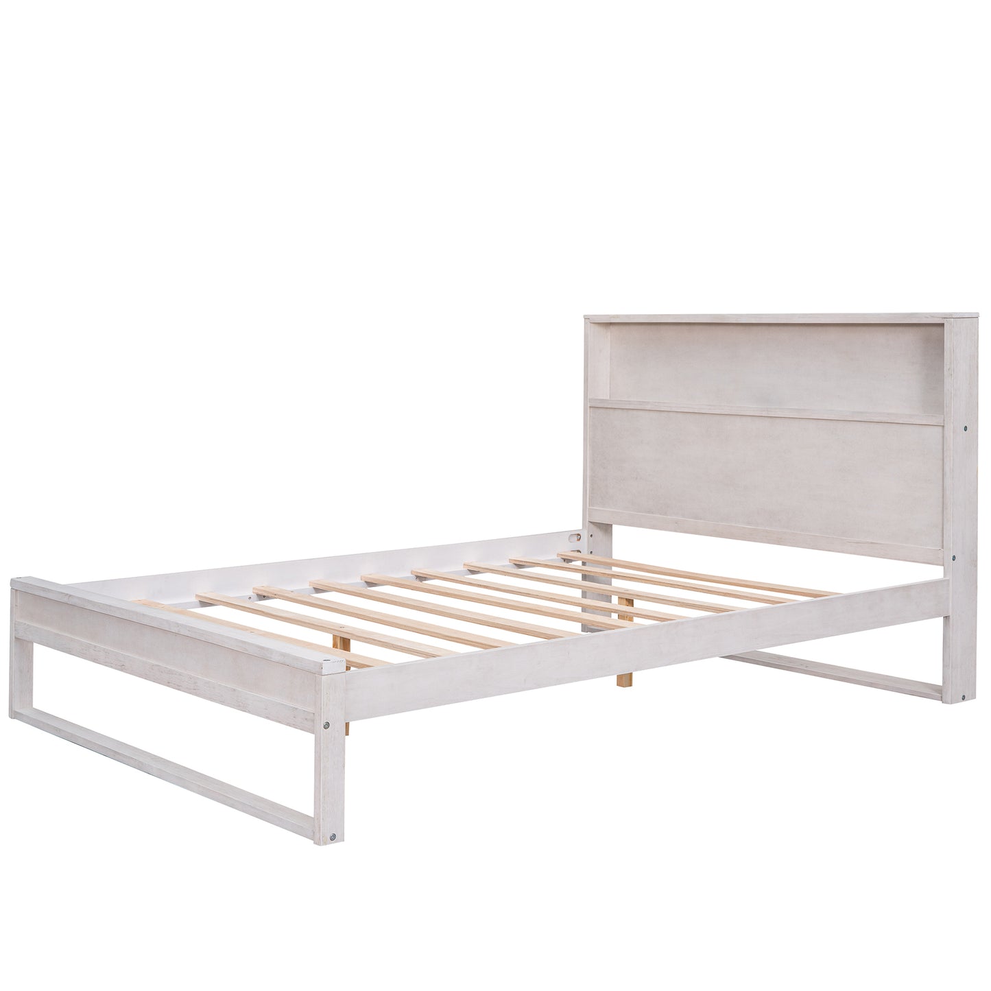 Platform Bed with Storage Headboard,Sockets and USB Ports,Queen Size Platform Bed,Antique White