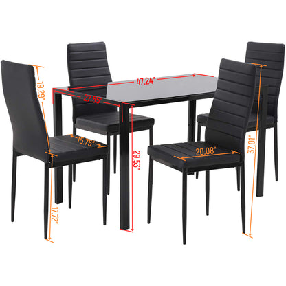 5 Pieces Dining Table Set，dining table and chair for 4，Kitchen Room Tempered Glass Dining Table ,4 Faux Leather Chairs ,Black