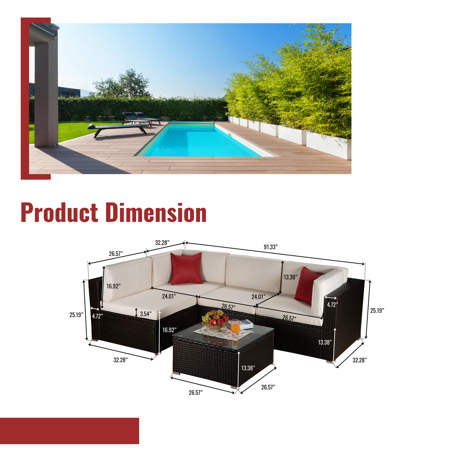 Outdoor Garden Patio Furniture 5-Piece Brown PE Rattan Wicker Sectional Beige Cushioned Sofa Sets with 2 Red Pillows