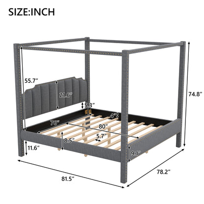 King Size Upholstery Canopy Platform Bed with Headboard,Support Legs,Gray