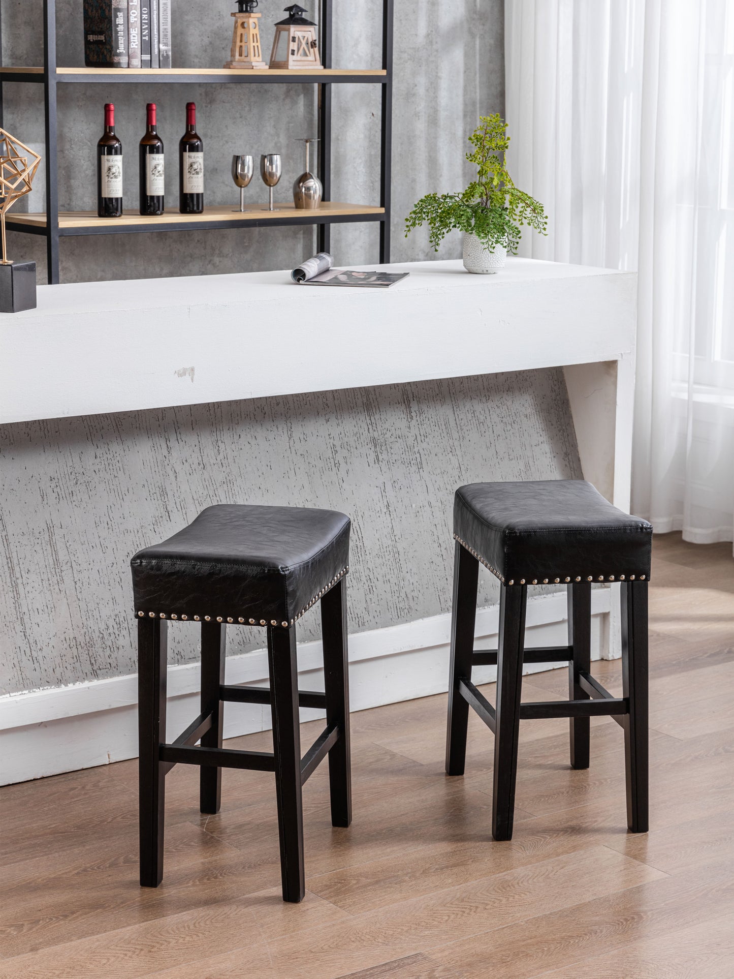 A&A Furniture,Counter Height 26" Bar Stools for Kitchen Counter Backless  Faux Leather Stools Farmhouse Island Chairs (26 Inch, Black, Set of 2)