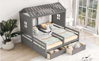 Twin Size House Platform Beds with Two Drawers for Boy and Girl Shared Beds, Combination of 2 Side by Side Twin Size Beds,Grey