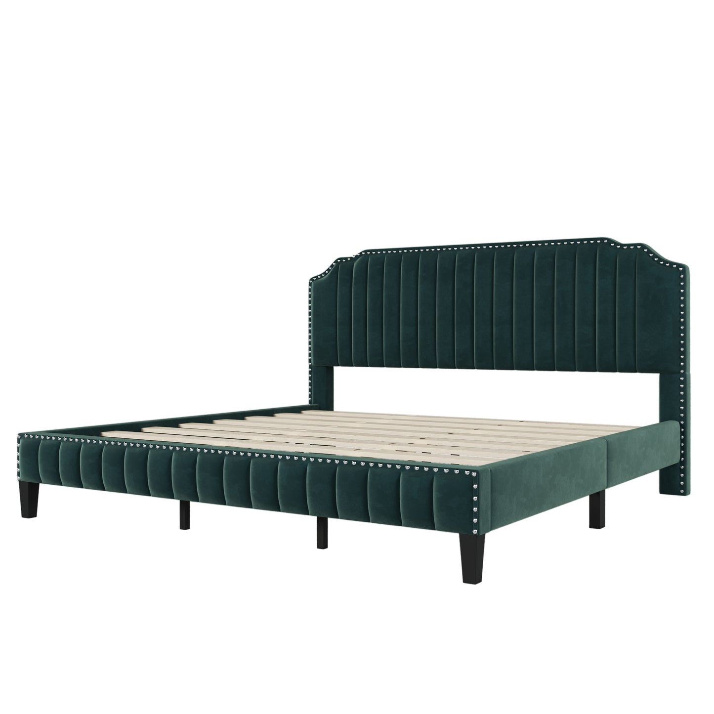 Modern Velvet Curved Upholstered Platform Bed , Solid Wood Frame , Nailhead Trim, Green (King)