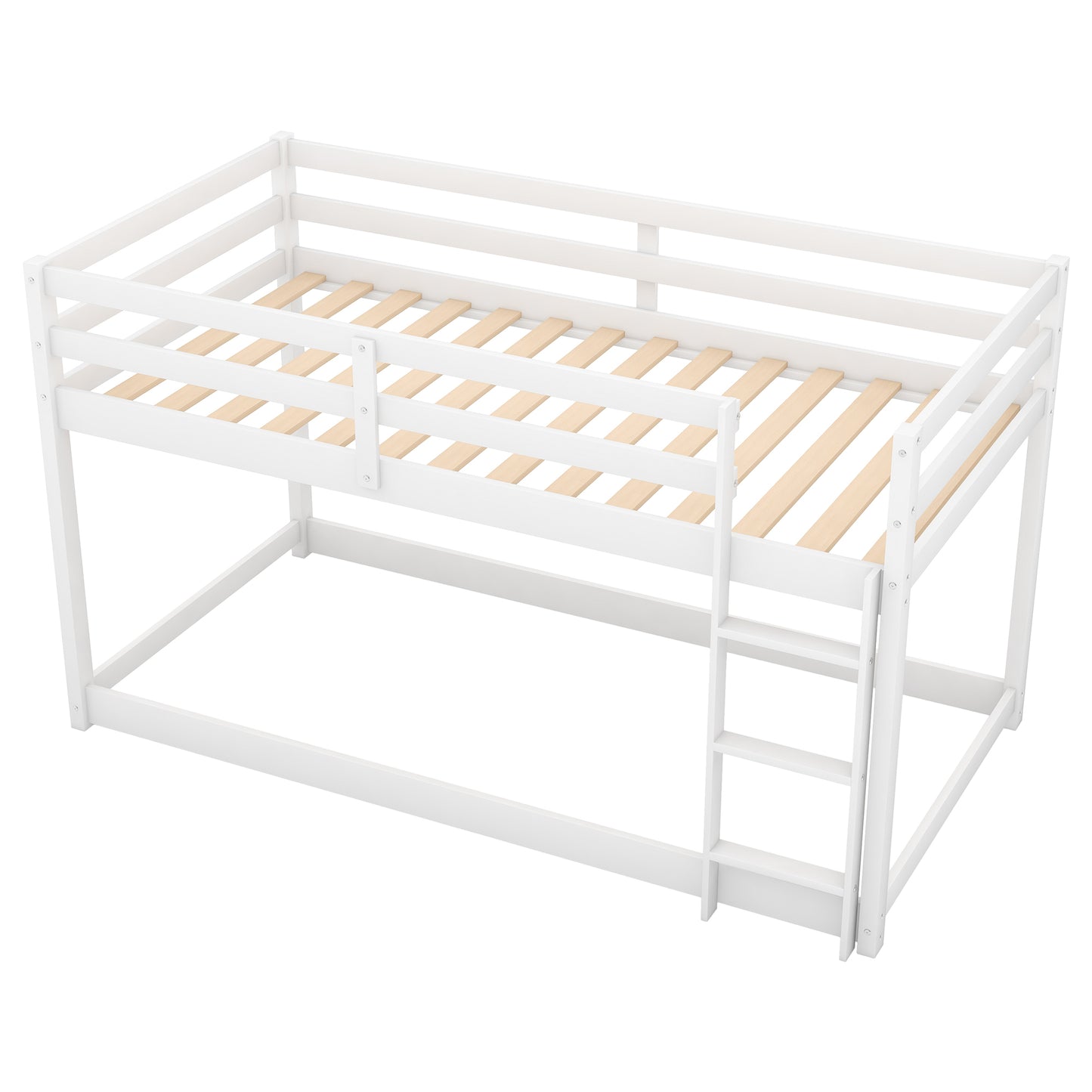 Twin over Twin Floor Bunk Bed with Ladder , White(Old SKU:WF281727AAK/WF286602AAK)