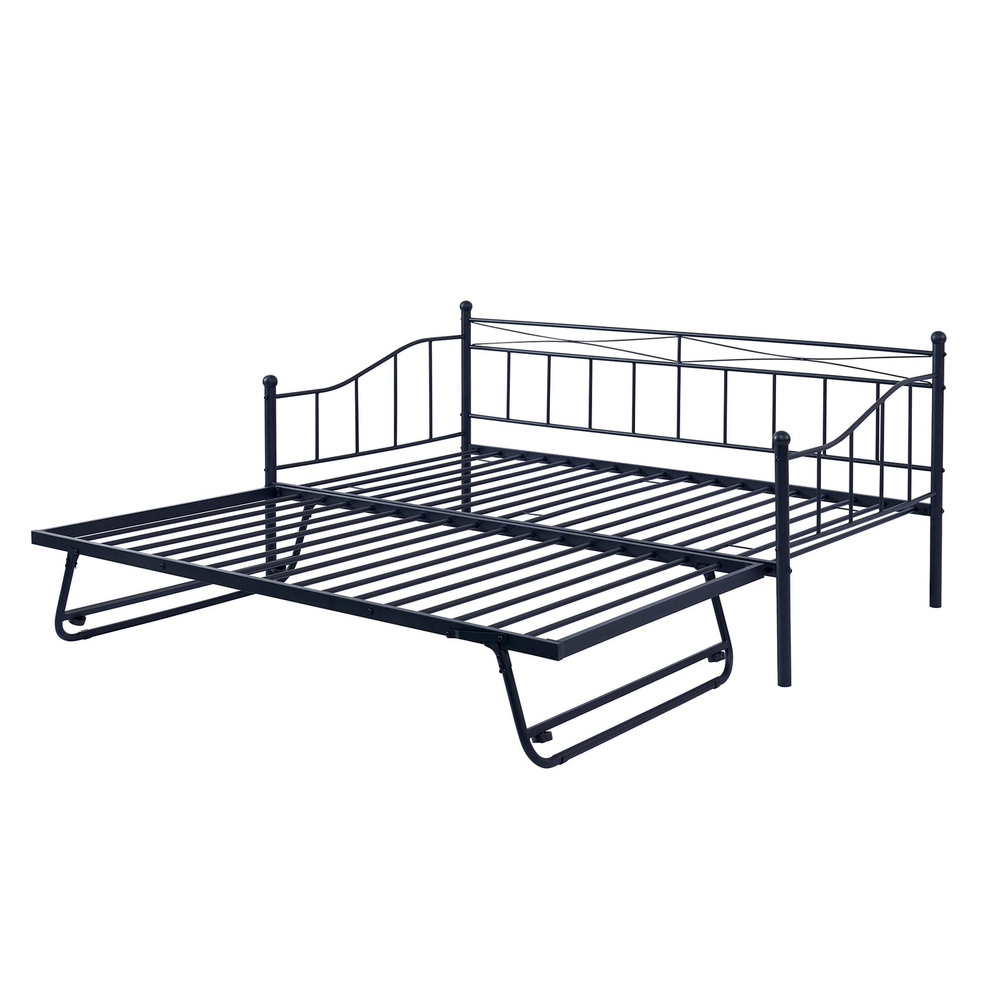 Twin Size Metal Daybed with Twin Size Adjustable Trundle, Portable Folding Trundle, Black