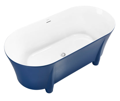 59" 100% Acrylic Freestanding Bathtub，Contemporary Soaking Tub，white inside and blue outside，Four corner bathtub