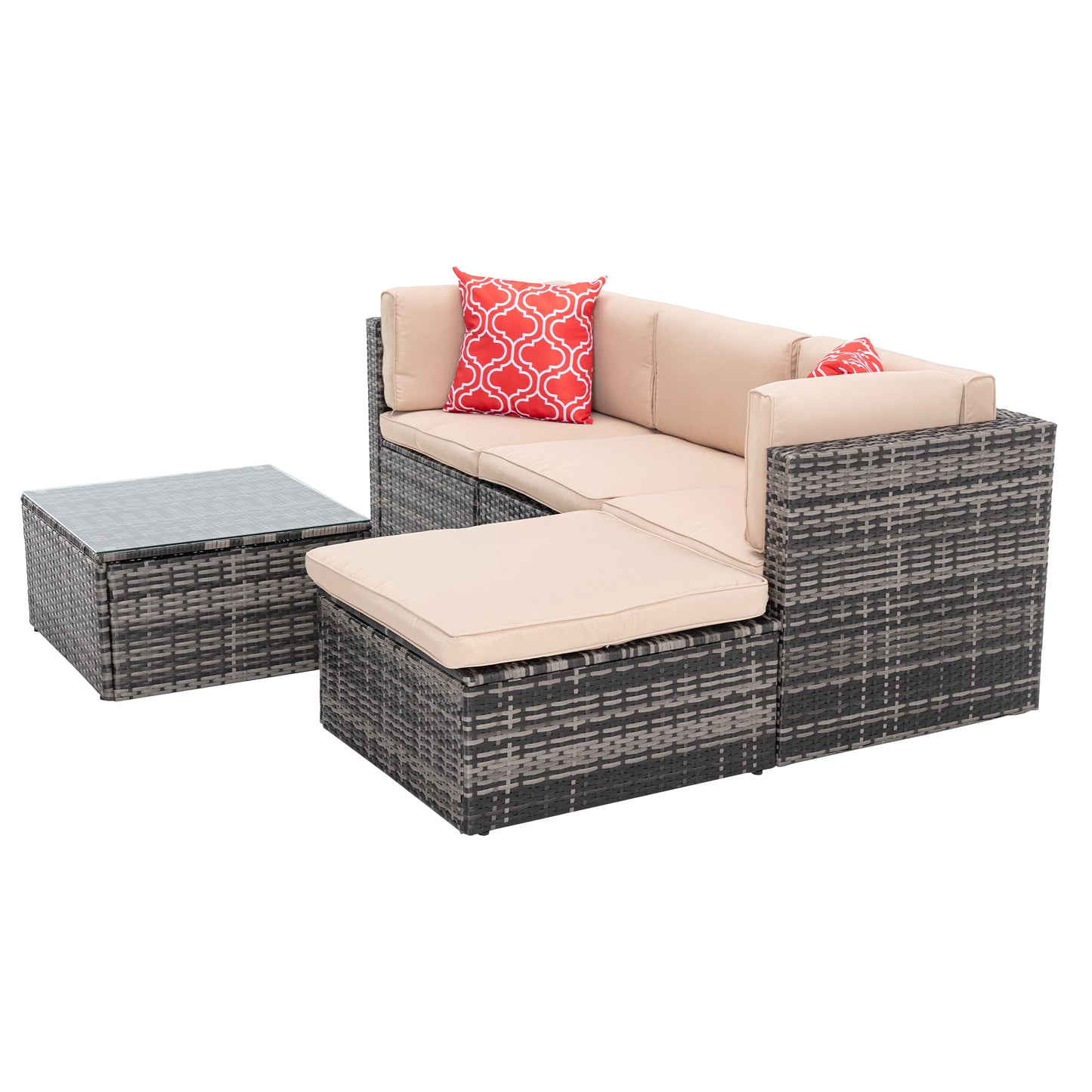 5Pcs Outdoor Garden Patio Furniture  PE Rattan Wicker  Sectional Cushioned Sofa Sets with 2 Pillows and Coffee Table