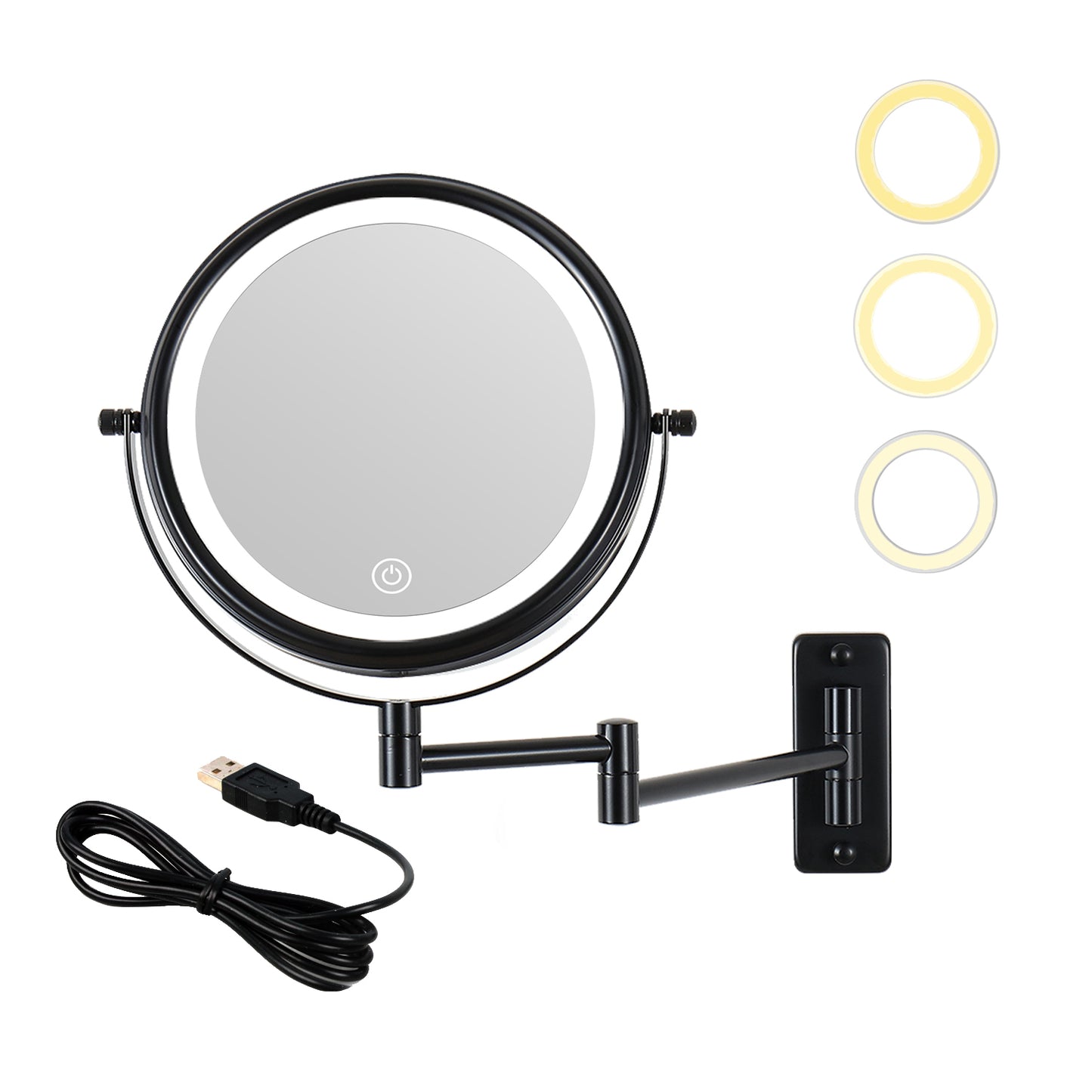 8-inch Wall Mounted Makeup Vanity Mirror, 3 colors Led lights, 1X/10X Magnification Mirror, 360° Swivel with Extension Arm (Black)
