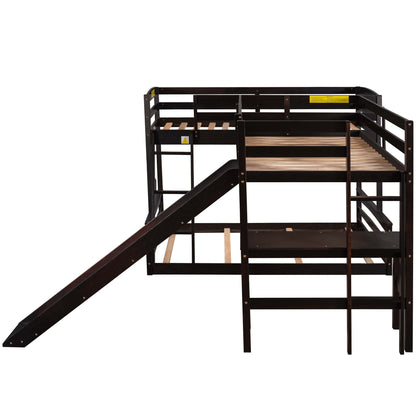 Twin over Full Bunk Bed with Twin Size Loft Bed with Desk and Slide,Full-Length Guardrail, Espresso