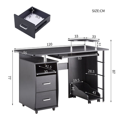 D&N solid wood computer Desk,office table with PC droller, storage shelves and file cabinet , two drawers, CPU tray,a shelf  used for planting, single , black. 47.24''L 21.65''W 34.35''H