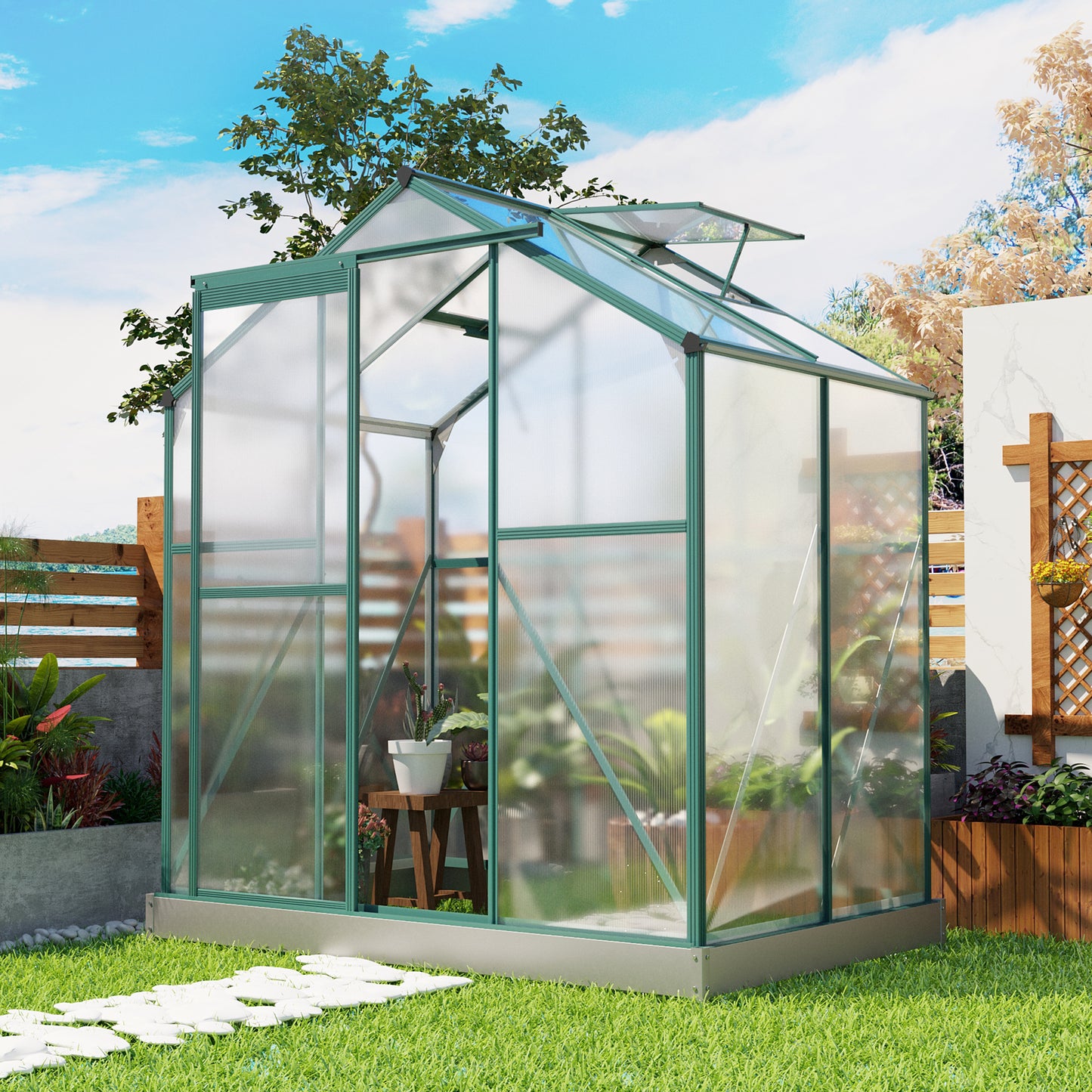 TOPMAX Upgraded Outdoor Patio 6.2ft Wx4.3ft D Greenhouse, Walk-in Polycarbonate Greenhouse with 2 Windows and Base,Aluminum Hobby Greenhouse with Sliding Door for Garden, Backyard, Green