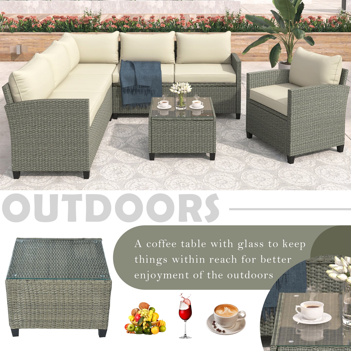 U_STYLE Patio Furniture Set, 5 Piece Outdoor Conversation Set，with Coffee Table, Cushions and Single Chair