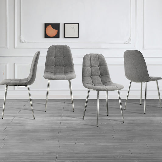 Dining Chairs Set of 4, Modern Mid-Century Style Dining Kitchen Room Upholstered Side Chairs，Soft Tufted Linen Fabric with Inset Buttons，Chrome Metal Legs，for Kitchen Lounge Farmhouse, Light Gray