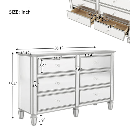 Elegant Mirrored Dresser with 6 Drawers, Modern Silver Finished Dresser 56.1“L x 18.1” W x 36.4” H for Living Room Bedroom