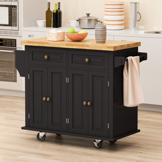 Kitchen Island Cart with Two Storage Cabinets and Two Locking Wheels，43.31 Inch Width，4 Door Cabinet and Two Drawers，Spice Rack, Towel Rack （Black)