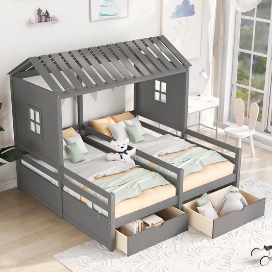 Twin Size House Platform Beds with Two Drawers for Boy and Girl Shared Beds, Combination of 2 Side by Side Twin Size Beds,Grey