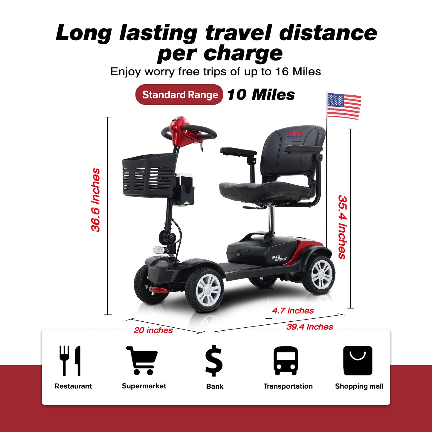 MAX SPORT RED 4 Wheels Outdoor Compact Mobility Scooter with 2pcs*12AH Lead acid Battery