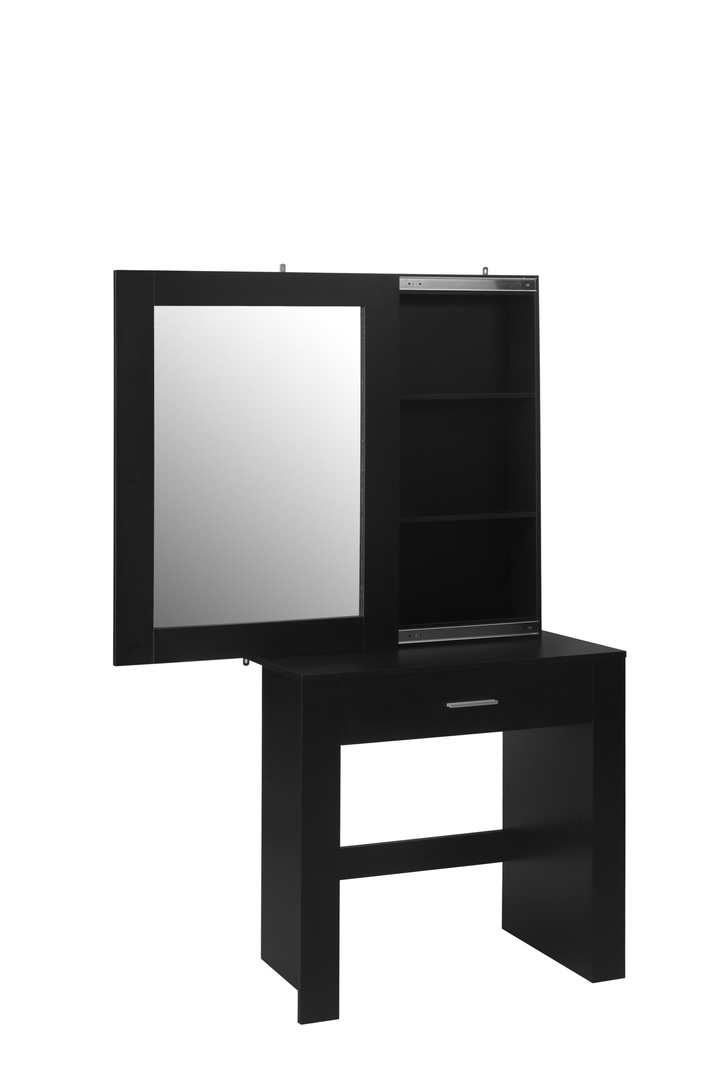 Vanity Desk with Mirror & Stool, Black Makeup Table with Storage Shelves & Drawer, Vanity Set for Girls Women