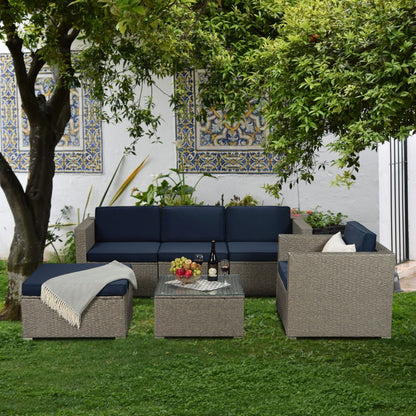 Outdoor Garden Patio Furniture 6-Piece Gray Mix Yellow PE Rattan Wicker Sectional Navy Cushioned Sofa Sets with 1 Beige Pillows