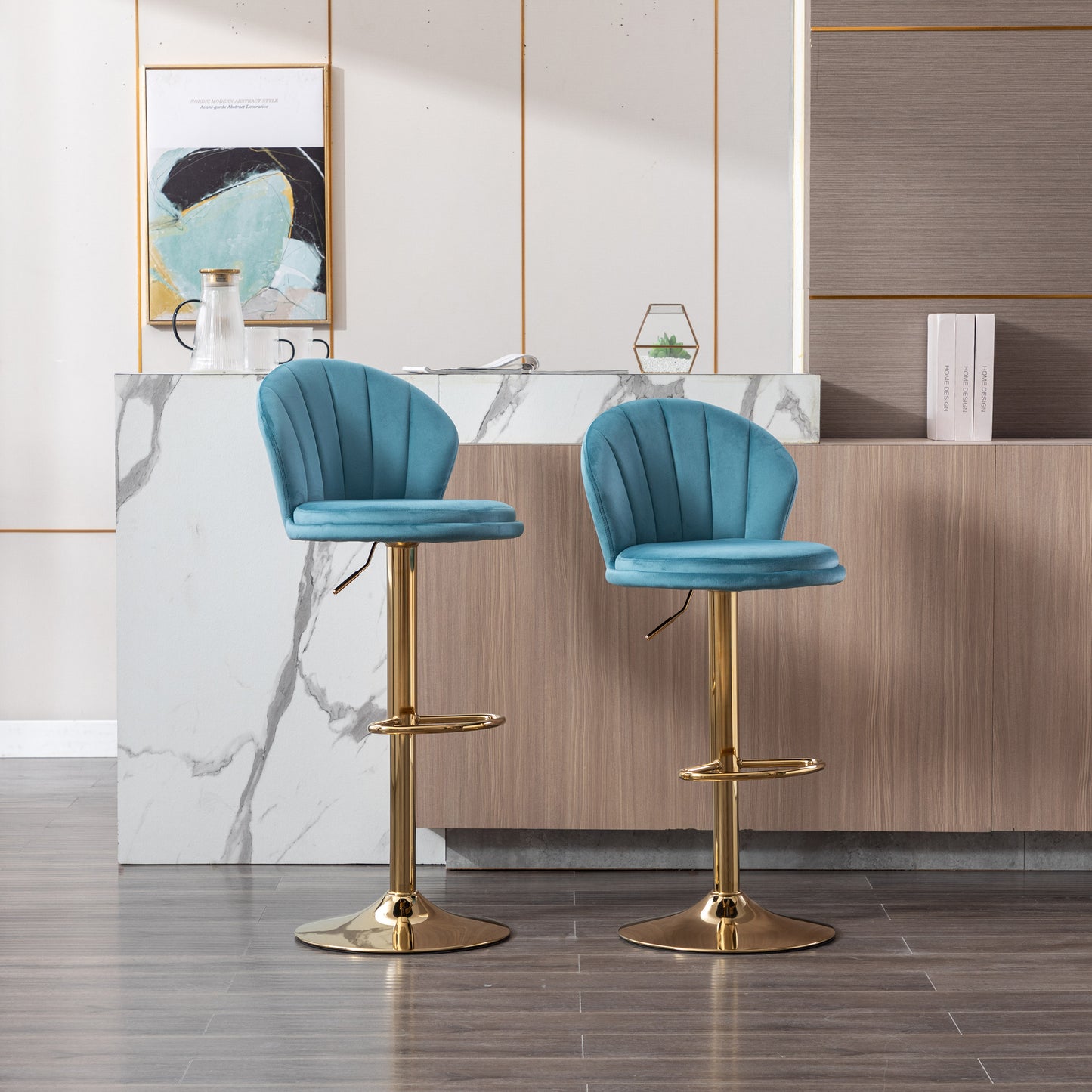 Set of 2  Bar Stools,with Chrome Footrest and Base Swivel Height Adjustable Mechanical Lifting Velvet + Golden Leg Simple Bar Stool-Baby Blue