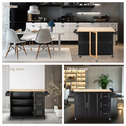 Kitchen Island & Kitchen Cart, \\nMobile Kitchen Island with Extensible Rubber Wood Table Top,\\nadjustable Shelf Inside Cabinet,\\n3 Big Drawers, with Spice Rack, Towel Rack, \\nBlack-Beech .