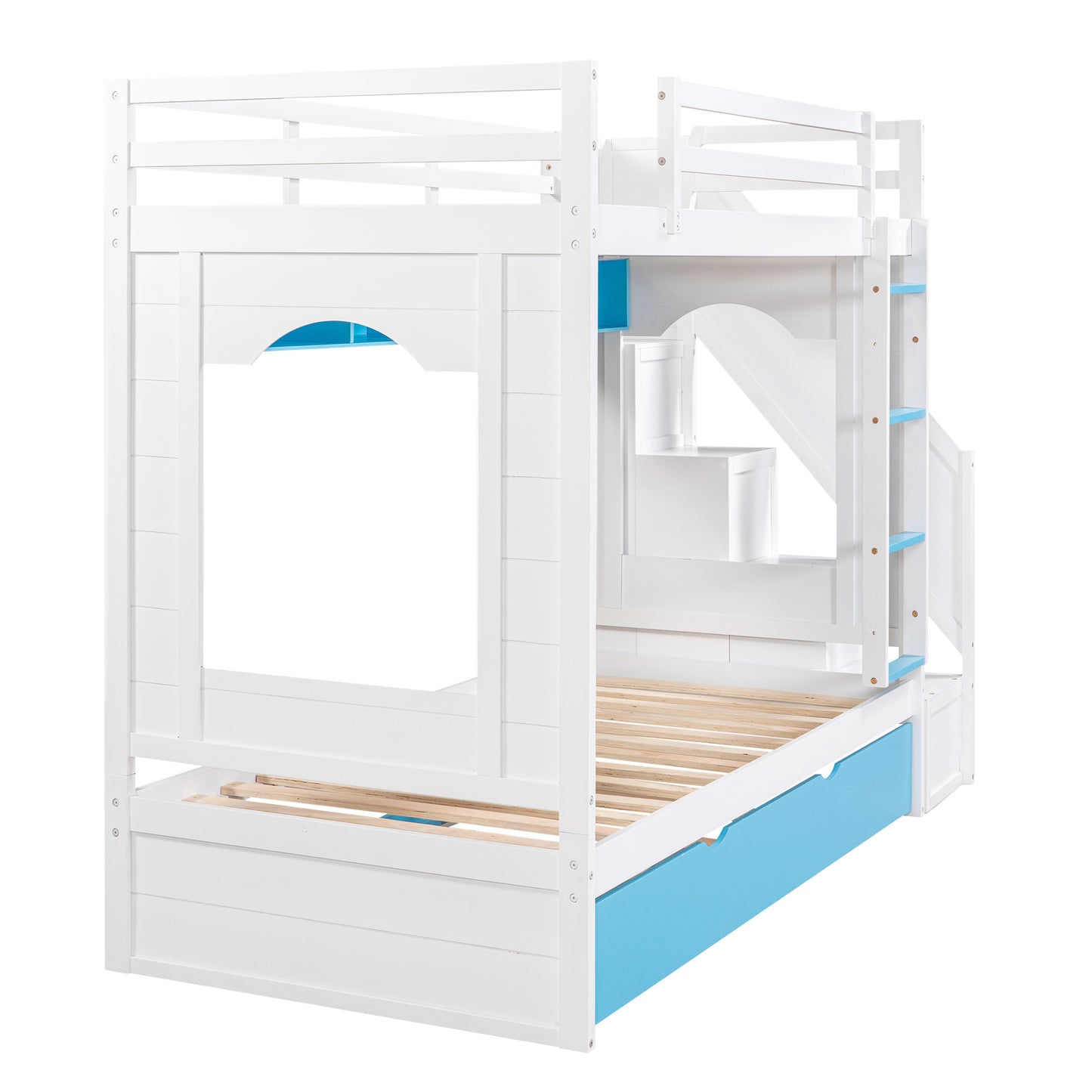 Twin Over Twin Bunk Bed with Trundle ,Stairs,Ladders Solid Wood Bunk bed with Storage Cabinet （White + Blue）