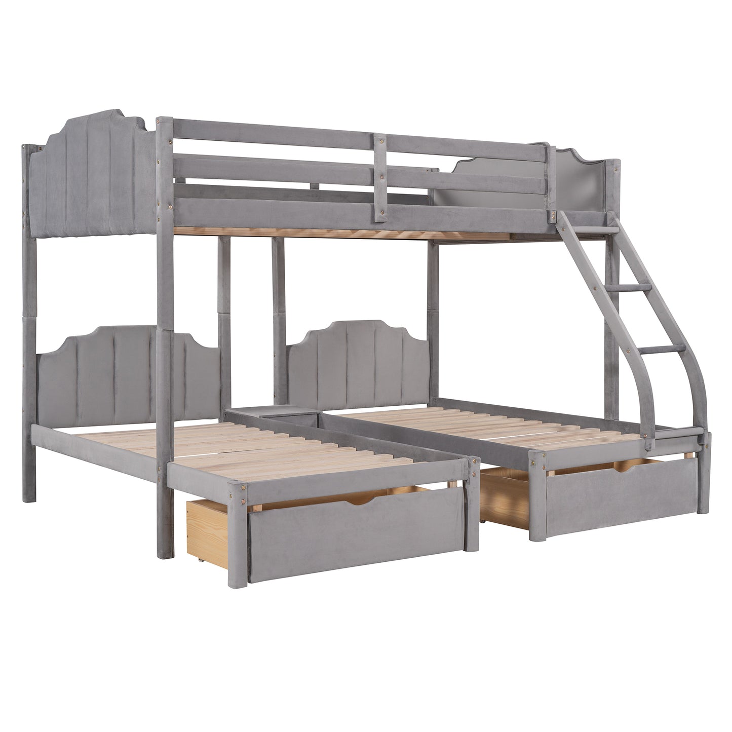 Full Over Twin & Twin Bunk Bed, Velvet Triple Bunk Bed with Drawers and Guardrails, Gray