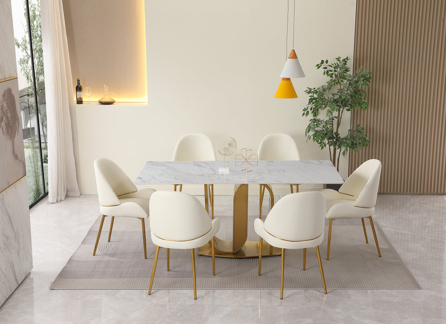 71" Contemporary Dining Table in Gold with Sintered Stone Top and  U shape Pedestal Base in Gold finish