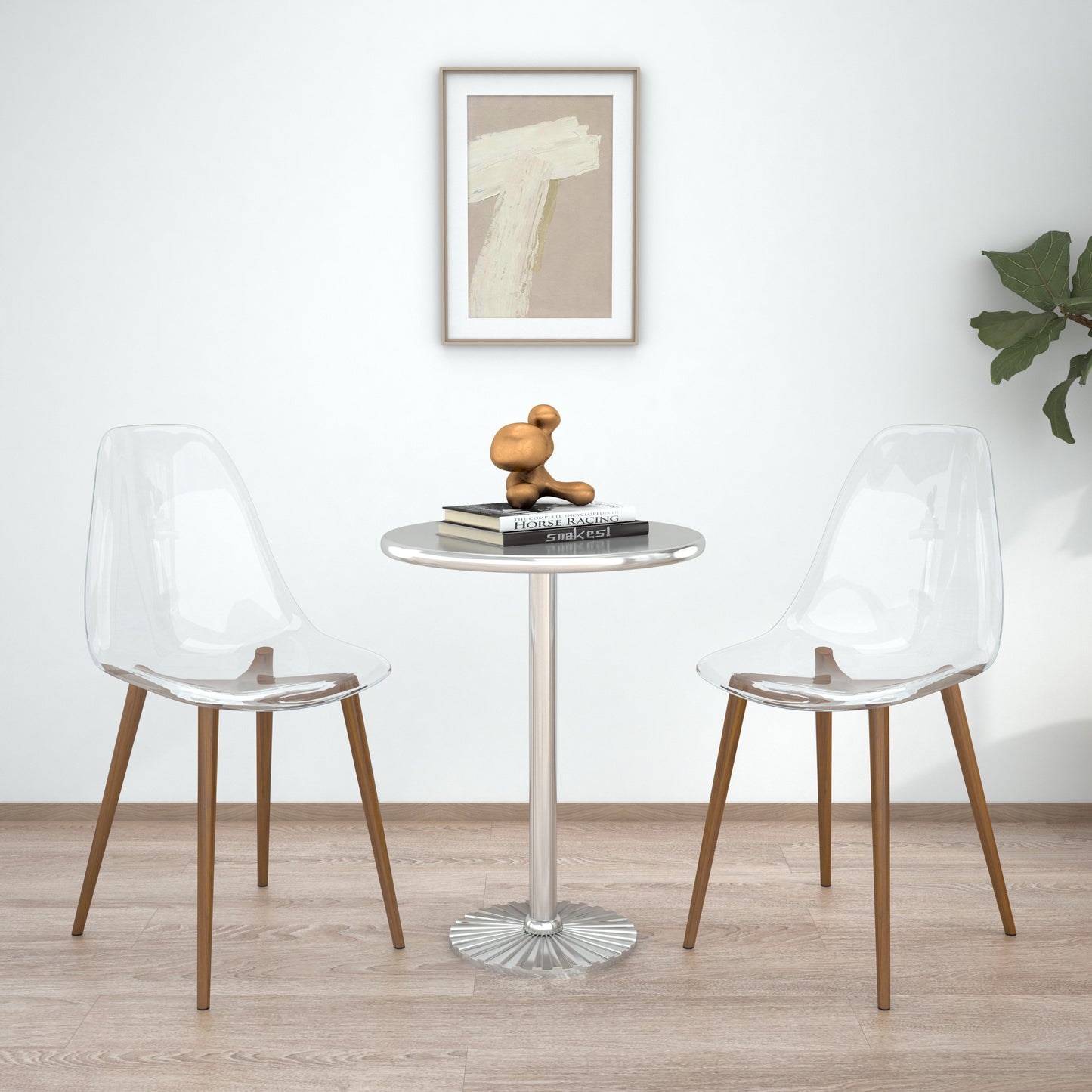 Modern simple transparent dining chair plastic chair armless crystal chair Nordic creative makeup stool negotiation chair Set of 4 and wood color metal leg