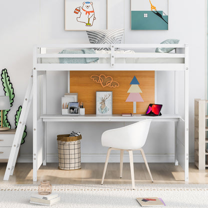 Twin size Loft Bed with Desk and Writing Board, Wooden Loft Bed with Desk - White