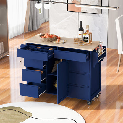 K&K Store Kitchen Cart with Rubber Wood Countertop , Kitchen Island has 8 Handle-Free Drawers Including a Flatware Organizer and 5 Wheels for Kitchen Dinning Room, Dark Blue