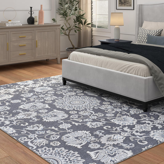 Lily Gray, Ivory, Blue Chenille and Viscose High - Low Area Rug 8x10