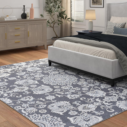 Lily Gray, Ivory, Blue Chenille and Viscose High - Low Area Rug 5x8