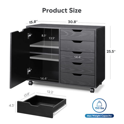 5-Drawer Wood Dresser Chest with Door, Mobile Storage Cabinet, Printer Stand for Home Office