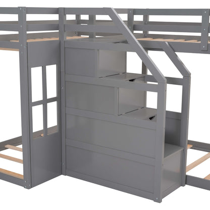 Twin over Twin L-Shaped Bunk Bed with Built-in Middle Staircase,Gray