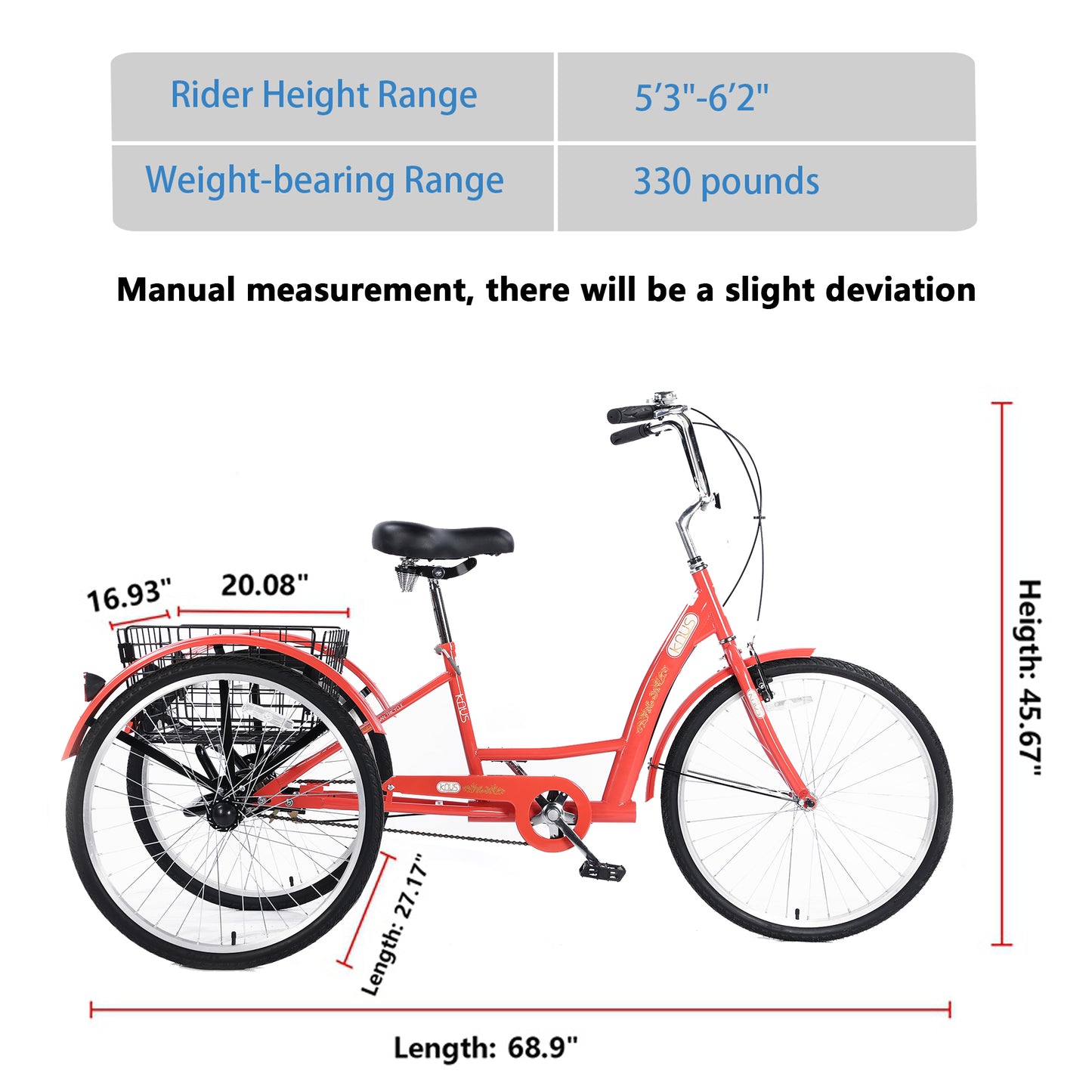 26" European Adult Tricycles 3 Wheel W/Installation Tools with Low Step-Through, Large Basket, Tricycle for Adults, Women, Men