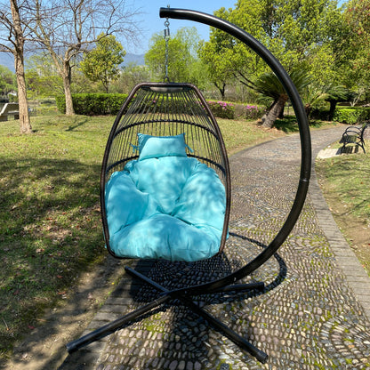 Patio Wicker folding Hanging Chair,Rattan Swing Hammock Egg Chair with C Type bracket , with cushion and pillow,for Indoor,Outdoor，Blue
