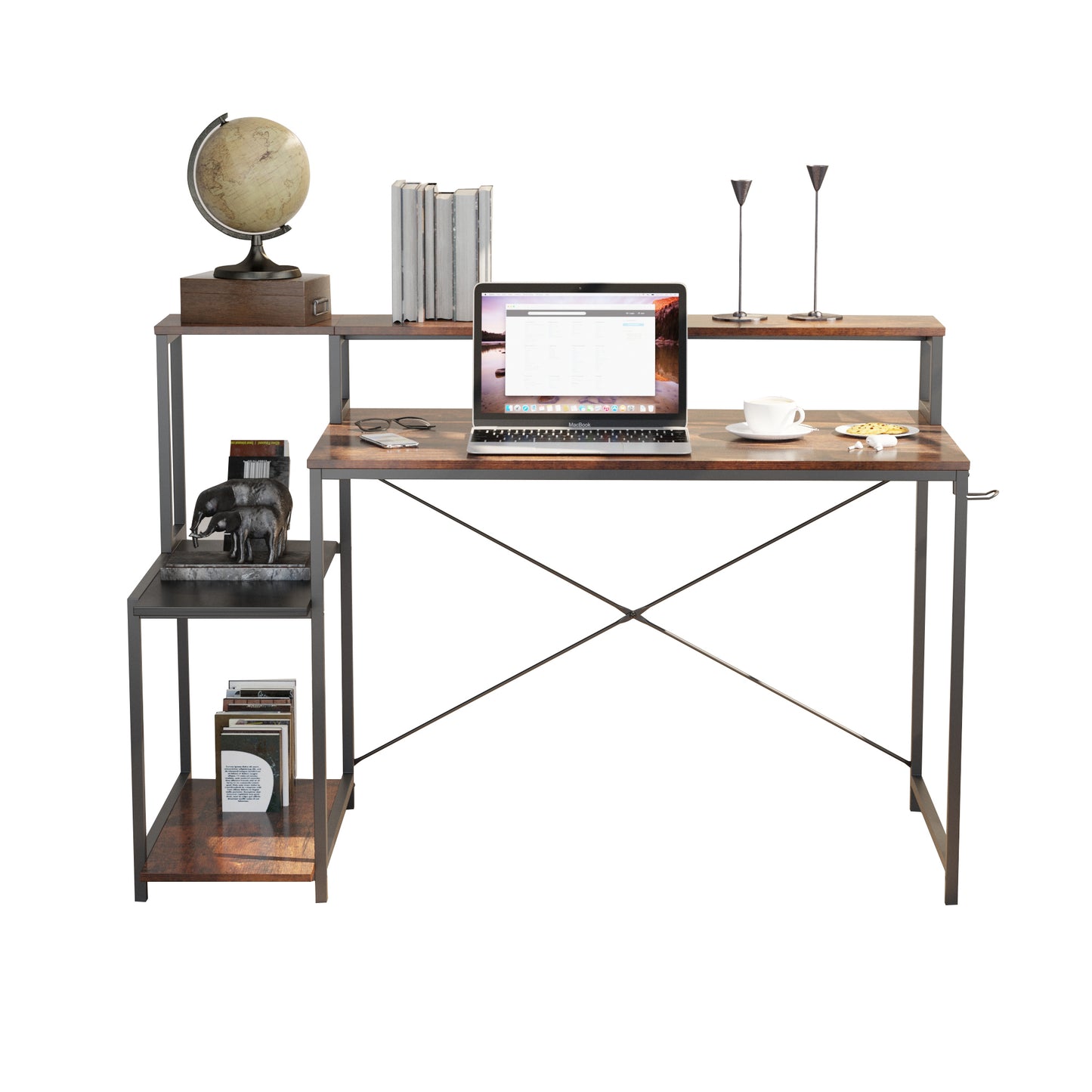 Computer Desk with Storage Shelves（Rustic Brown+Black）