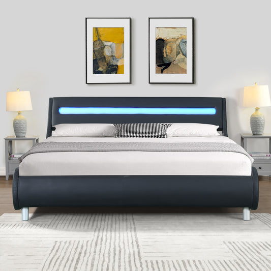 Faux Leather Upholstered Platform Bed Frame with led lighting , Curve Design, Wood Slat Support, No Box Spring Needed, Easy Assemble, Queen Size, Black