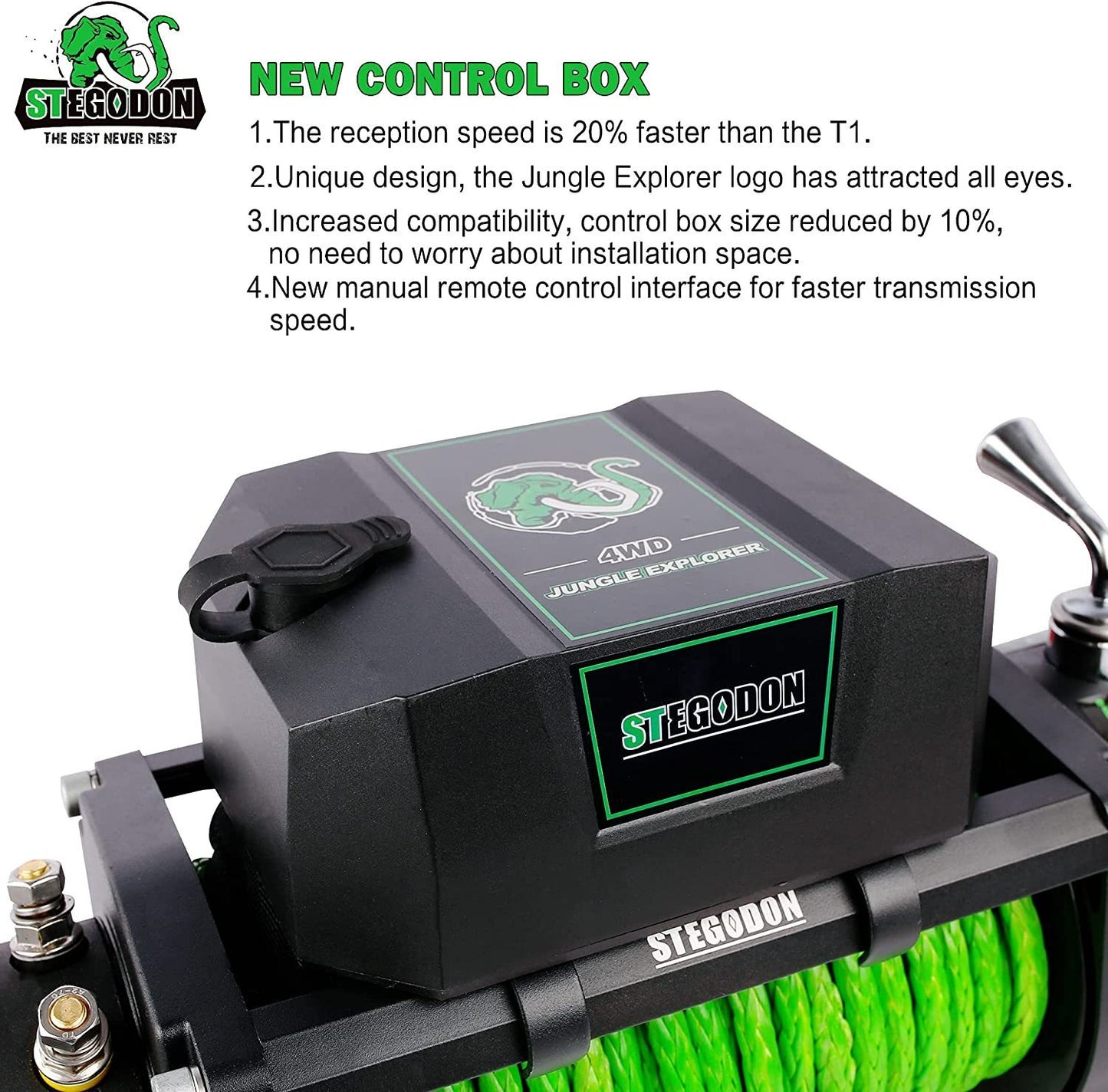 STEGODON New 9500 lb. Load Capacity Electric Winch S3,12V Waterproof IP67 Electric Winch with Hawse Fairlead, Synthetic Rope Winch with Wireless Handheld Remote and Wired Handle(Green-Rope)