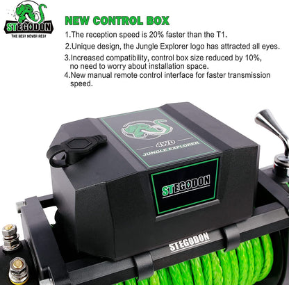 STEGODON New 9500 lb. Load Capacity Electric Winch S3,12V Waterproof IP67 Electric Winch with Hawse Fairlead, Synthetic Rope Winch with Wireless Handheld Remote and Wired Handle(Green-Rope)