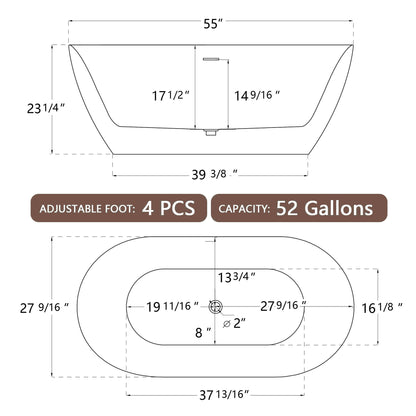 55" Acrylic Free Standing Tub - Classic Oval Shape Soaking Tub, Adjustable Freestanding Bathtub with Integrated Slotted Overflow and Chrome Pop-up Drain Anti-clogging Gloss White