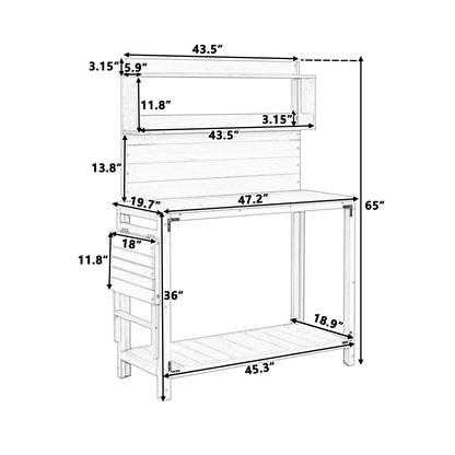 TOPMAX 65inch Garden Wood Workstation Backyard Potting Bench Table with Shelves, Side Hook and Foldable Side Table,White